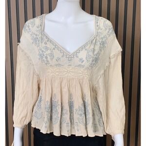 American Eagle Boho Peasant Blouse Cream Blue Embroidered Lace V-Neck XS